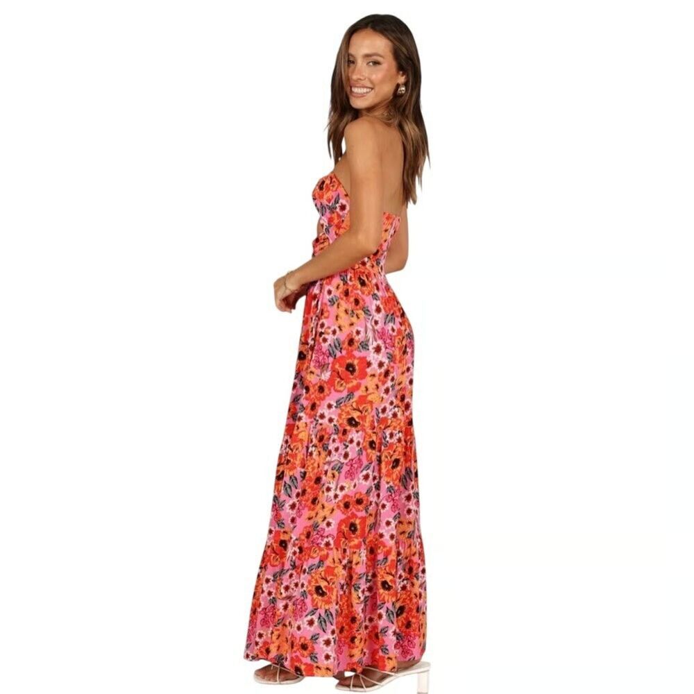 PETAL + PUP Pink Orange Sarai Floral Cutout Strapless Tiered Maxi Dress Size 10 - Picture 3 of 10